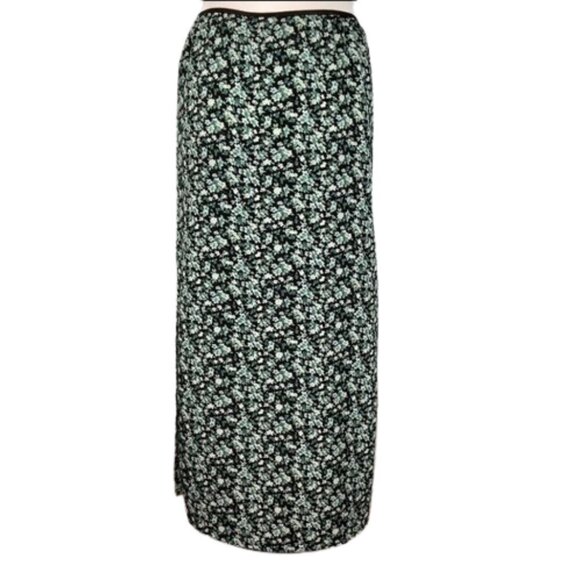 Vintage Blue Maxi Skirt in Black Green All-Over Floral Side Slits Size Small - Picture 1 of 13